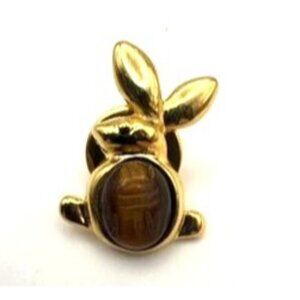 Vintage Gold Tone Bunny Rabbit Pin Tiger’s Eye Cabochon Figural Brooch